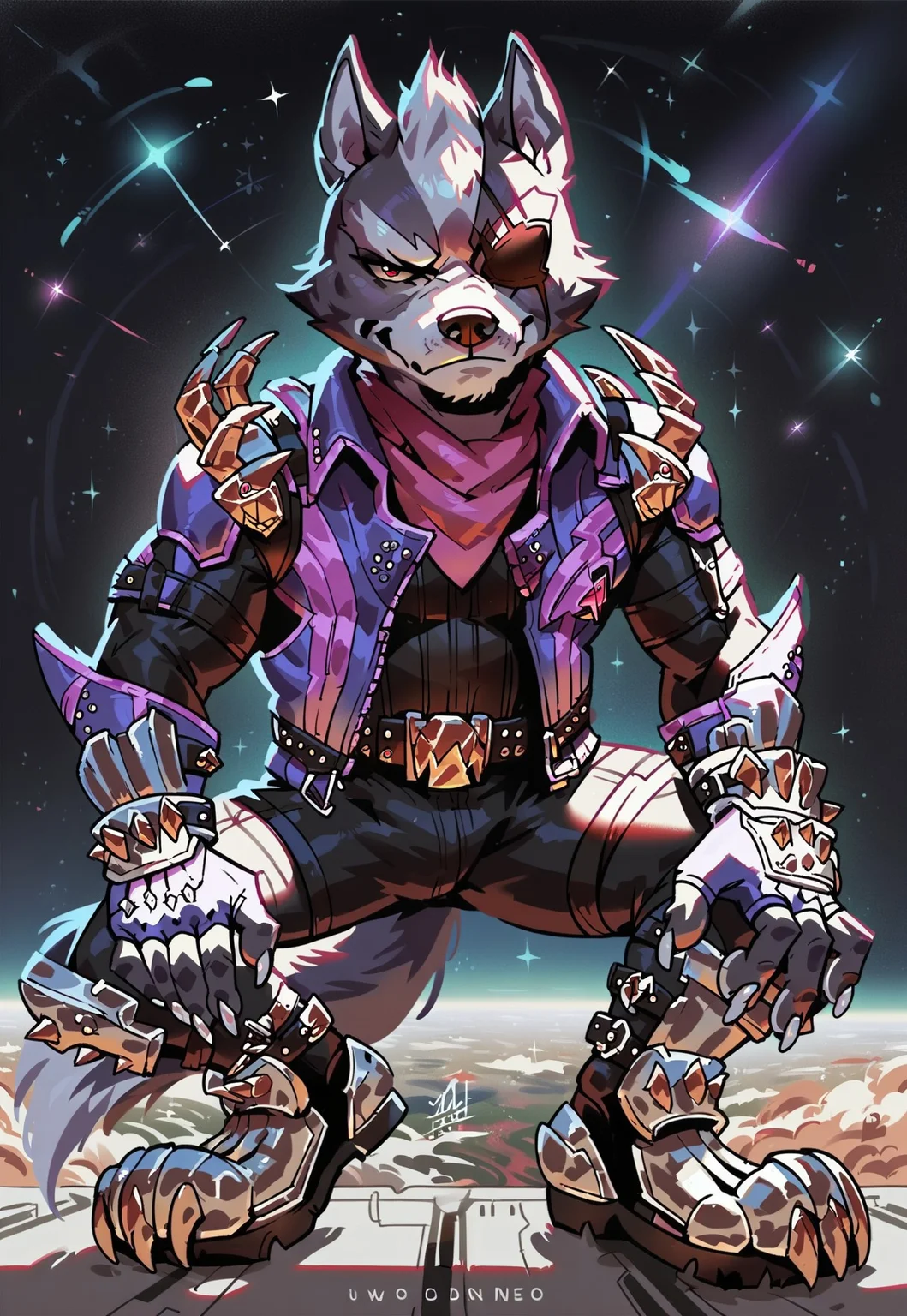 score_9, score_8_up, score_7_up, score_6_up, score_5_up, score_4_up, source_furry, hi res, concept art, realistic, bokeh, in space ship, solo, Wolf O'Donnell, Red Eye, Right Eyepatch, Pink Kerchief, Purple Sleeveless Jacket, Black Bodysuit, Purple Fingerless Gloves, Metal Boots, Gold Buckle, looking at viewer, bedroom_eyes, smug, anthro, male, muscular, white claws
