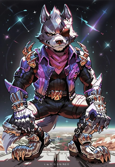 score_9, score_8_up, score_7_up, score_6_up, score_5_up, score_4_up, source_furry, hi res, concept art, realistic, bokeh, in space ship, solo, Wolf O'Donnell, Red Eye, Right Eyepatch, Pink Kerchief, Purple Sleeveless Jacket, Black Bodysuit, Purple Fingerless Gloves, Metal Boots, Gold Buckle, looking at viewer, bedroom_eyes, smug, anthro, male, muscular, white claws
