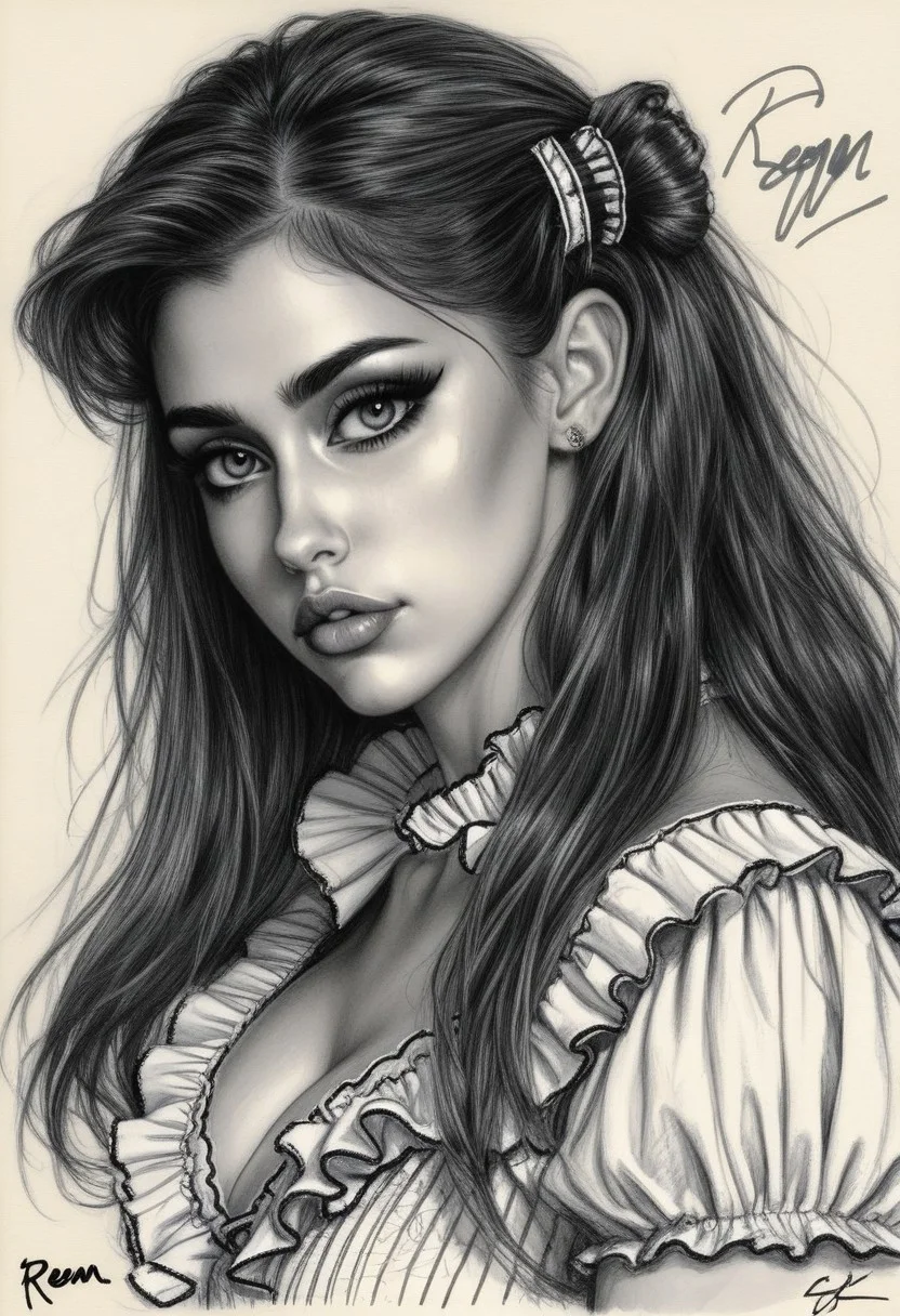 Sketch of a beautiful busty girl R33M with hairclip and ruffle shirt, long wavy hair, illustrative art, detailed, elegant