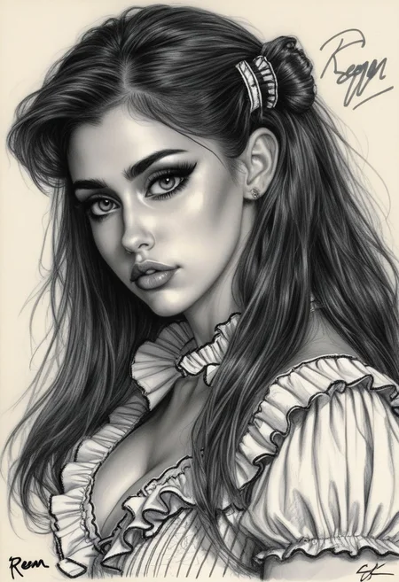 Sketch of a beautiful busty girl R33M with hairclip and ruffle shirt, long wavy hair, illustrative art, detailed, elegant