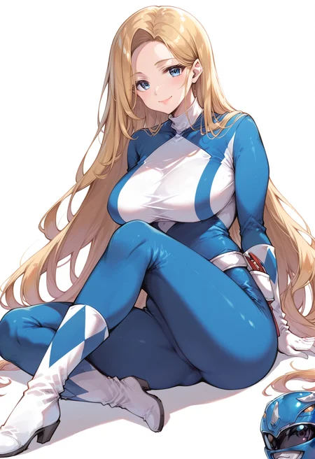 (score_9:0.9),score_8_up,score_7_up,rating_safe,anime style,(zPDXL),<lora:Blue Power Ranger ponyXL v2.1:0.78>,1girl, solo, blonde hair, blue eyes, long hair, blue helmet, simple background, smile, looking at viewer, white gloves, large breasts, sitting, white background, blush, closed mouth, very long hair, white boots, helmet on ground, blue bodysuit, forehead, lips, parted bangs, shiny, ass, gradient, arm support, helmet removed, helmet on floor, blue power ranger