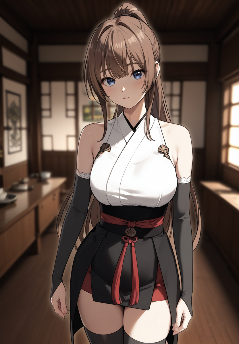 zPDXL3, score_9_up, score_8_up, score_7_up, (Anime_source),Masterpiece,(perfect female body:1.2), small waist,(incredibly detailed:1.4), slim, beautiful fingers, beautiful white skin, Beautiful clear skin, (large breasts:1.4)  thighs, looking at viewer, big breasts, <lora:Alicia_Arden_-_I_Killed_the_Player_of_the_Academy-Kaleid-PONY:0.8> aliciaarden, 1girl, brown hair, long hair ponytail, blue eyes, bangs, (facing viewer:1.5) japanese clothes, black skirt, obi, red ribbon, black thighhighs, white kimono, elbow gloves