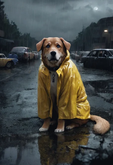 doggie1, perfecteyes, PacificNorthwest, hyperrealistic,  8k, gorgeous, dog sits next to a puddle, wears dirty yellow rain coat, puddle reflects dog, background run down car graveyard, moon inthe sky peeking through clouds, rainy, gloomy