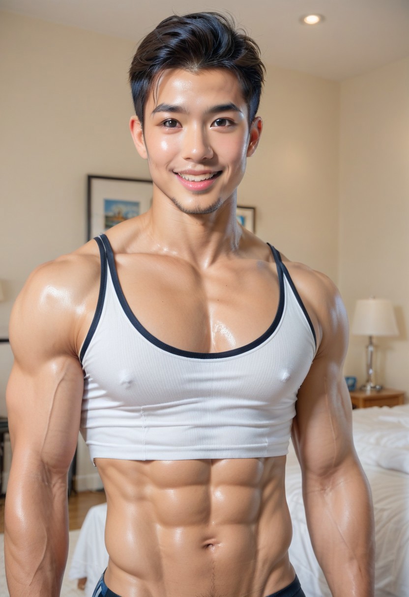 close-up of a fit Asian male, very muscular, photograph, ((masterpiece)), ((best quality:1.2)), High Resolution, 8k, (ultra_realistic:1.3), (photorealistic:1.4), sharp focus, man, (perfect nod face), extra wide-range, (wearing lycra), lycra crop top, (((lycra bulge))), male focus, shortest black hair, age 28, (perfect handsome young cute face:1.4), smiling, (shiny white skin:1.3), (attractive muscular hunk), (broad shoulders), large pectorals, depth of field, in a bedroom,