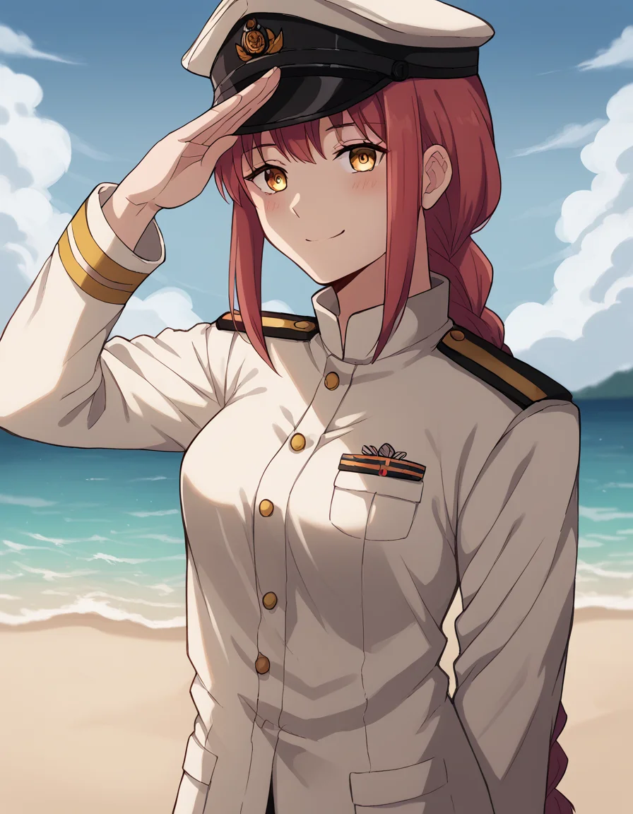 score_9, score_8_up, score_7_up, source_anime, <lora:chainsaw-man-makima-s1-ponyxl-lora-nochekaiser:1> makima, long hair, smile, bangs, yellow eyes, braid, red hair, braided ponytail, ringed eyes, medium breasts,, <lora:kancolle-admiral-cosplay-ponyxl-lora-nochekaiser:1>, kancolle admiral cosplay, admiral (kancolle) (cosplay), naval uniform, cosplay, military uniform, military, peaked cap,, beach, salute, blush, smile, cowboy shot, looking at viewer,