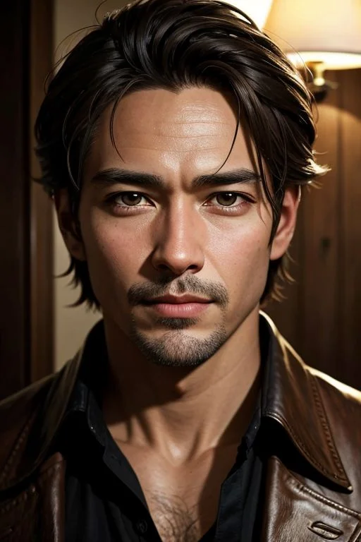 Portrait of a cool, man, sfumato technique, sepia tones dominating, eyes vibrant and alive with a gaze that captures contentment, idealized facial features reflecting the essence of Contentmentism, digital painting, ultra realistic, dramatic lighting. Photorealistic. HDR, RAW.WONG-PAPAT