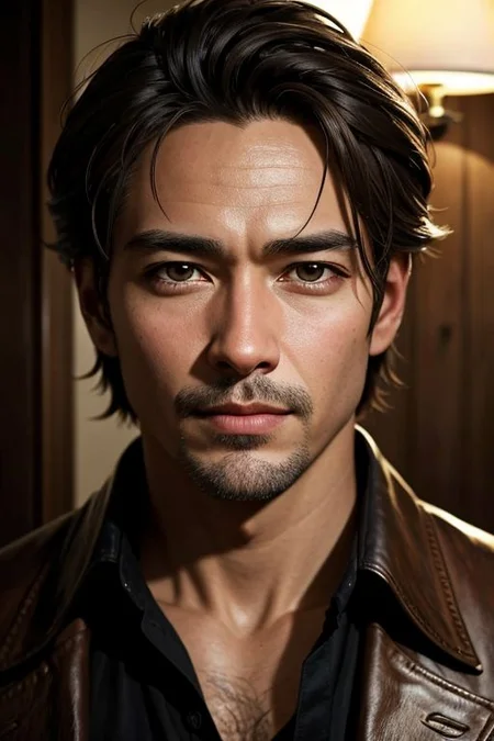 Portrait of a cool, man, sfumato technique, sepia tones dominating, eyes vibrant and alive with a gaze that captures contentment, idealized facial features reflecting the essence of Contentmentism, digital painting, ultra realistic, dramatic lighting. Photorealistic. HDR, RAW.WONG-PAPAT