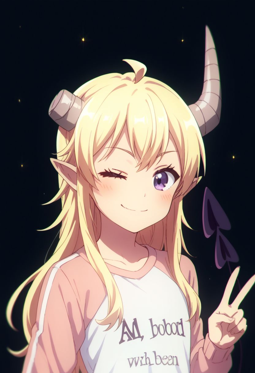 score_9, score_8_up, score_7_up, source_anime, highly detailed, 
lilith, 1girl, horns, v over eye, tail, demon tail, one eye closed, long hair, solo, raglan sleeves, demon horns, demon girl, blonde hair, ahoge, pointy ears, smile, blush,
v, purple eyes, parody, looking at viewer, broken horn, upper body,
black background, stars,