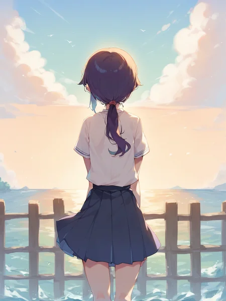 score_9, score_8_up, score_7_up, score_6_up, score_5_up, score_4_up,
source_anime,
1girl, low ponytail, <lora:low_ponytail-PD-1.0:1>, from behind, school uniform, standing at a fence overlooking the ocean at sunset in Japan