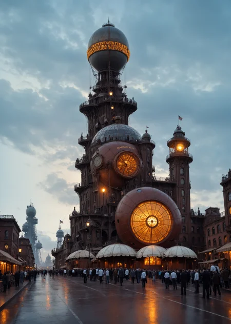 depicting a sprawling, fantastical cityscape with a steampunk aesthetic. The layout is a wide panoramic view showcasing a dense array of intricately designed buildings with pointed spires, domes, and elaborate architectural details. The structures are predominantly dark with hints of blue and bronze, creating a moody atmosphere. In the sky, several airships float among the clouds, adding to the steampunk theme. The city is bathed in a soft, diffused light, suggesting either dawn or dusk, with a warm glow emanating from windows and streetlights. Smoke rises from chimneys, contributing to the industrial feel. The foreground features a large, ornate dome with intricate patterns, while the background reveals a vast city stretching into the distance, with towering buildings silhouetted against the sky. The overall scene is rich in detail, evoking a sense of wonder and adventure.<lora:lora\zavy-cntrst-sdxl.safetensors:1.0:1.0><lora:lora\xl_more_art-full_v1.safetensors:1.0:1.0><lora:lora\Add_more_details_V2_XLpony.safetensors:1.0:1.0><lora:lora\sdxl_enhance.safetensors:1.0:1.0>