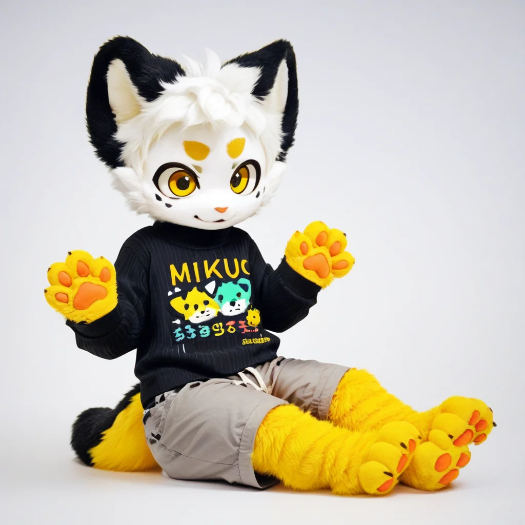 score_9, score_8_up, score_7_up, score_6_up, furry, mikus-sona, fursuit, furry focus, furry style, furry costume, anthropomorphic, anthro, paws, boy, shortstack, (white hair, dark yellow eyes, yellow fur, dotted eyebrows, small eyebrows, white eyebrows, white fur, yellow paws, tail tip black, black ears), (black sweater, gray shorts)
