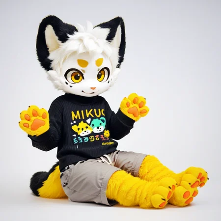 score_9, score_8_up, score_7_up, score_6_up, furry, mikus-sona, fursuit, furry focus, furry style, furry costume, anthropomorphic, anthro, paws, boy, shortstack, (white hair, dark yellow eyes, yellow fur, dotted eyebrows, small eyebrows, white eyebrows, white fur, yellow paws, tail tip black, black ears), (black sweater, gray shorts)