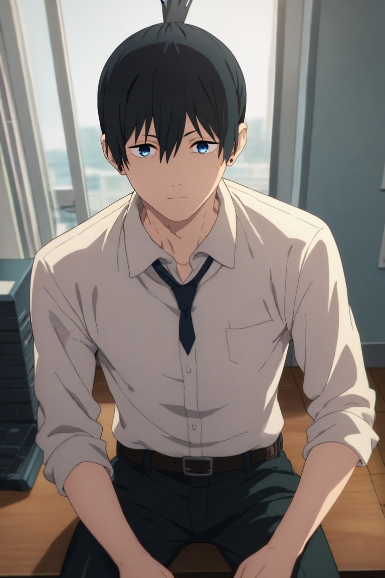 score_9, score_8_up, score_7_up, , rating_safe, , , , , 1boy, solo, male focus, <lora:aki_hayakawa_pony:0.92>, aki_hayakawa, black hair, blue eyes, bangs, hair between eyes, short hair, topknot, weapon on back, wide angle, wide shot, cowboy shot, office, computers, day, sitting, sparkling eyes, , <lora:sdxl_lightning_8step_lora:1>