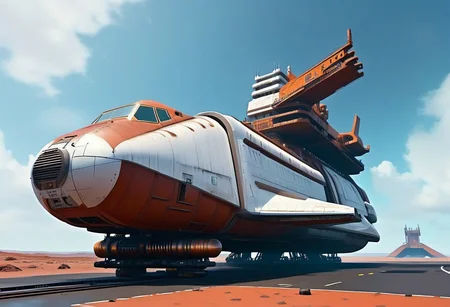 sci-fi, aJed-Rst spaceport, tarmac, landing pads, (Rusty ship hanger, Rusty tower, (((beautiful, hyper realistic, high quality, highly detailed))), sleek Rusty neotech spacecraft (freighter), vehicle focus, zoom out,