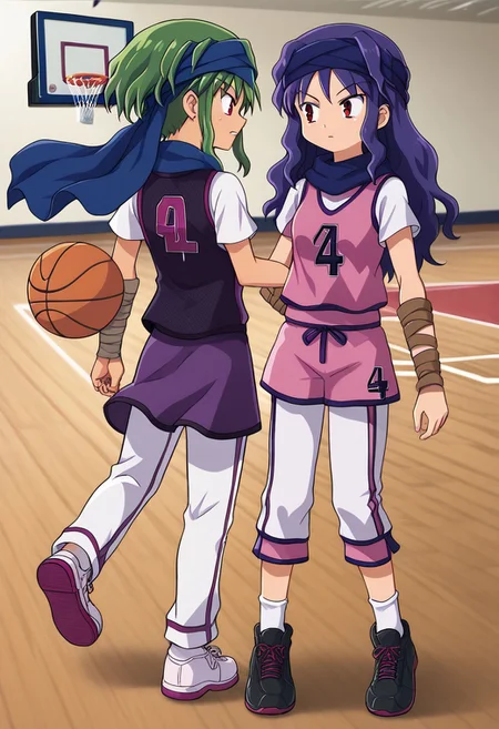 score_8, score_8_up, score_7_up, official art, 2girls, dual persona, orochi_GF BREAK red eyes, Orochi_BW, green hair, sidelocks, headband, purple headband, purple scarf, scarf, white shirt, black vest, vest, skirt, purple skirt, armwraps, white pants, skirt over pants, black shoes, BREAK Orochi_GF, black eyes, Rin_GF, purple hair, long hair, sidelocks,basketball uniform, basketball jersey, pink basketball jersey, sportswear, sleeveless, short sleeves, short sleeves under sleeveless, number print, clothes writing, shorts, pink shorts, short socks, white socks, sneakers, white footwear BREAK back to back, indoors, basketball court,