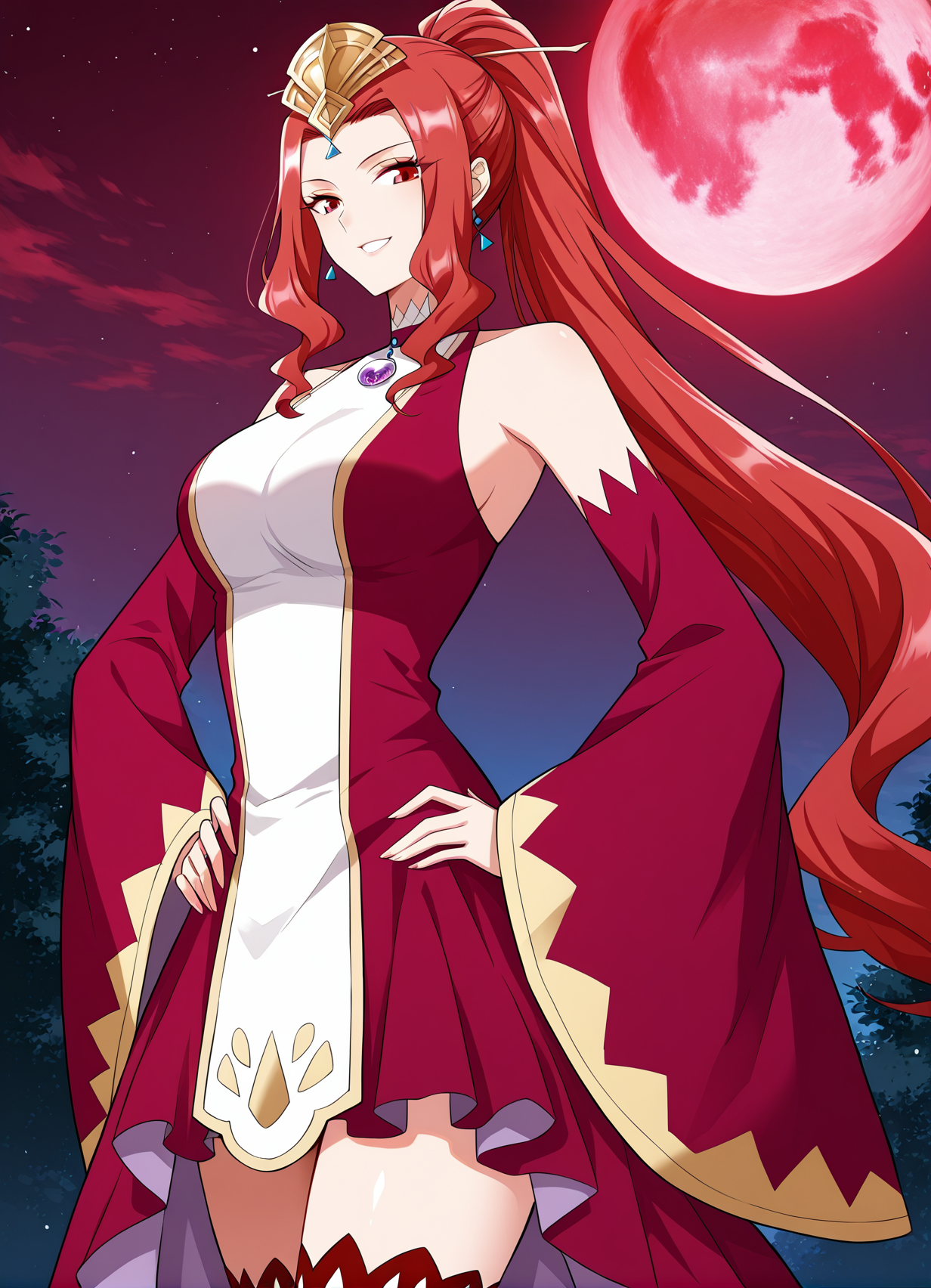 <lora:Cao_Ying__Battle_Through_the_Heavens__Illustrious:1>
1girl, solo, red eyes, sharp eyes, long hair, high ponytail, red hair, ahoge, hair ribbon, hair ornament, wavy hair, sidelocks, anime style, 
fantasy outfit, ornate dress, sleeveless dress, off shoulder, high collar, flared sleeves, asymmetrical skirt, short dress, wide sleeves, detached sleeves, red sleeves, red thighhighs, thigh boots, red boots, fantasy outfit, ornate dress, gemstone necklace, tiara,forehead jewel, earrings, elegant, royal, fantasy girl, 
score_9, score_8_up, score_7_up, very aesthetic, source_anime, detailed, high quality, beautiful, masterpiece, very aesthetic, high definition, amazing quality, highres, absurdres, outdoors, looking at viewer, smile, grin, hands on hips, night, red moon