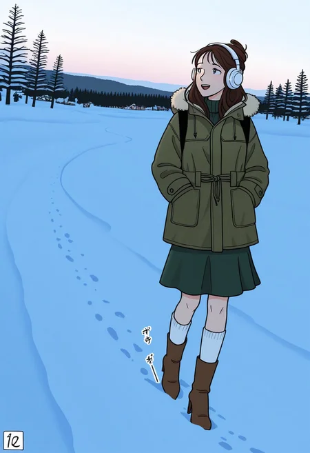 Jfk_style, 1girl,lonely gaze, upper teeth,  walking in snow, lonely face, hands in pockets, long socks, looking at the horizon, headphones, music sounds, trees, winter countryside,  , high heel boots, dynamic angle, skirt, dark green woolen jacket, brown hair, slightly undone updo, looking at the horizon, , delicate physic, coloring page