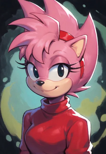 score_9, score_8, score_7, solo, 1girl, fleetwayamy, amy rose, spiked hair, pink fur, black eyes, furry, smile, looking at viewer, simple background, abstract background,