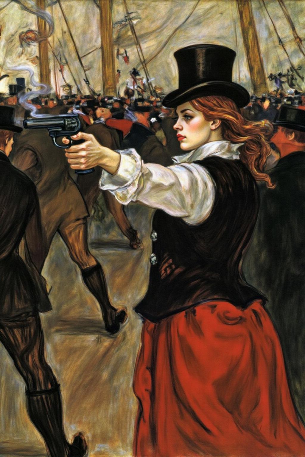 lautrec1 painting
Anime style by J.C. Leyndecker. Close up of a young woman, mid-action as she fires a pistol. She wears a top hat , a black vest, and a flowing red skirt. Her long, wavy hair moves slightly with the action, and her face holds a serious, focused expression as smoke emerges from the pistol. The backdrop is a pirate ship in battle with men fighting chaotically. Motion Blur  <lora:lautrec4_nocap_d6a3:1.0><lora:813638158160979945:0>