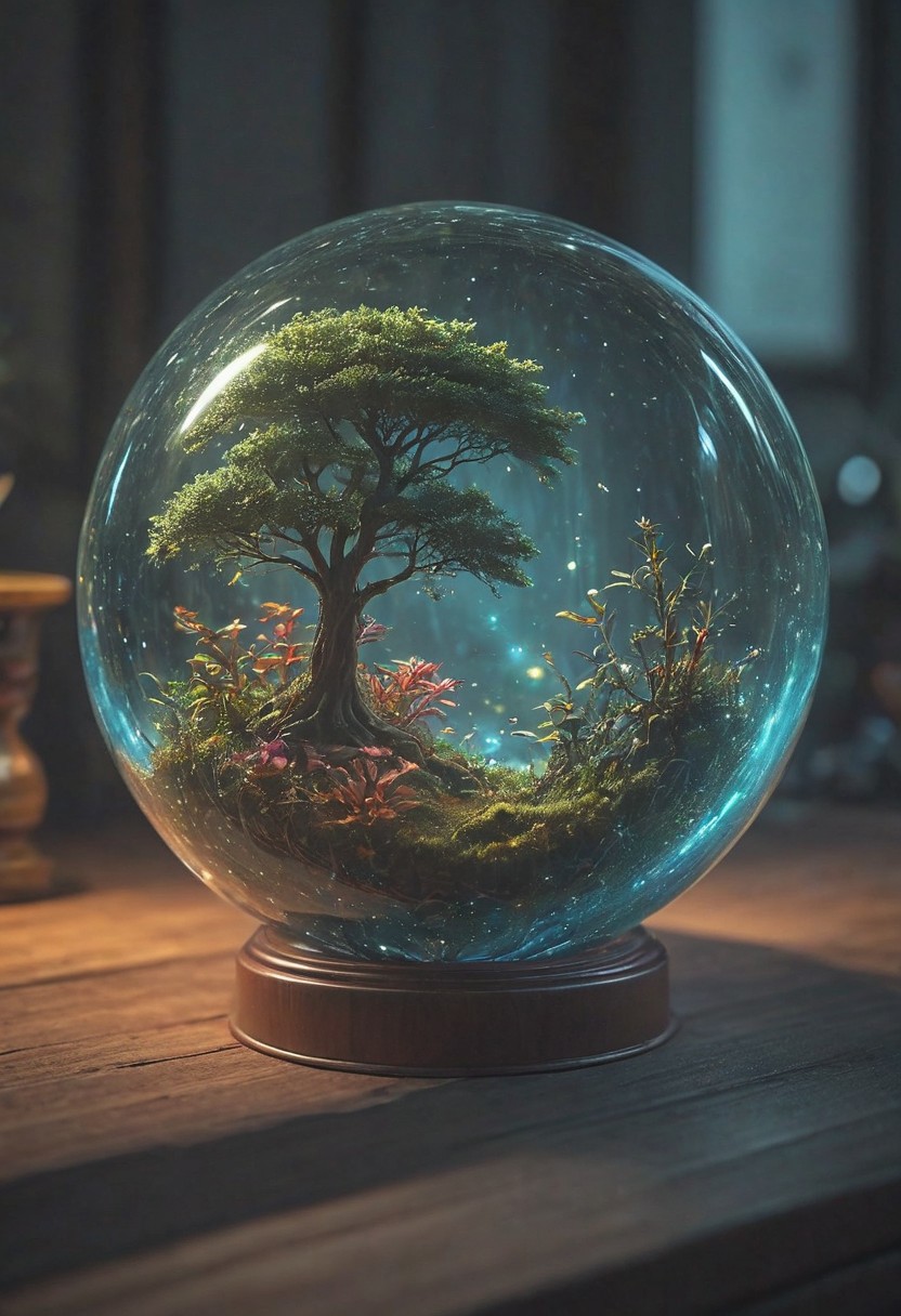 photography,(vibrant colors:0.8),
a fantastic landscape at night covered in magical plantlife, everthing contained in a glass sphere sitting on a desk, desk, 
(quantum waveform:0.7)