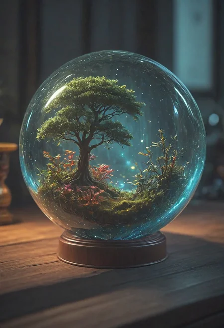 photography,(vibrant colors:0.8),
a fantastic landscape at night covered in magical plantlife, everthing contained in a glass sphere sitting on a desk, desk,
(quantum waveform:0.7)