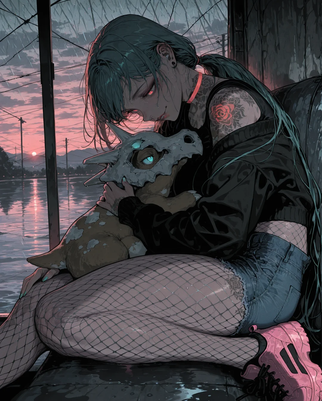 masterpiece, best quality, amazing quality, very aesthetic, absurdres, newest, scenery, volumetric lighting,
from side, reflective water, lake, sunset, rain, paint splatter, Sinozick_illu, gradient, spot color, 1girl, smile, sad, holding creature, cuddling, mature female, neon trim, fishnet pantyhose, tattoo, thick thighs, denim shorts, very long hair, low ponytail, light hair, pink streaked hair, crimson lips, aqua eyes, symbol-shaped pupils, glowing eyes, beautiful eyes, aqua nails, red choker, open cardigan, single off shoulder, crop top, sneakers, pink footwear, <lora:add-detail-xl:2> <lora:Sinozick_style:1>
BREAK pokemon \(creature\), cubone, red eyes,
masterpiece, best quality, amazing quality, very aesthetic, absurdres, newest, scenery, volumetric lighting