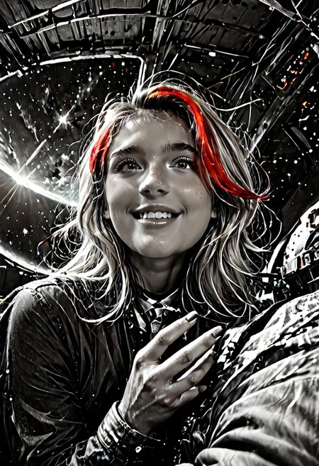 Score_9, score_8_up, Score_7_up, Realistic, cinematic shot, selective color, monochrome background, 4k, Gadget, 
((Girl surrounded by aliens, non-humanoid alien species, alien animals, standing, arms crossed, correct hand anatomy, scared, wide eyes,))
blonde, grayscale with red highlights, partial nudity, 18yo, smile, perfect face, stunning, breathtaking face, detailed face, perfect teeth, expressive eyes, extremely cute, medium boobs, easynegative, ALRGFC, alluring face, sexy, hetero, flushed, red cheeks on top,
Stable_Yogis_PDXL_Positives, CyberRealisticPony_POSV1