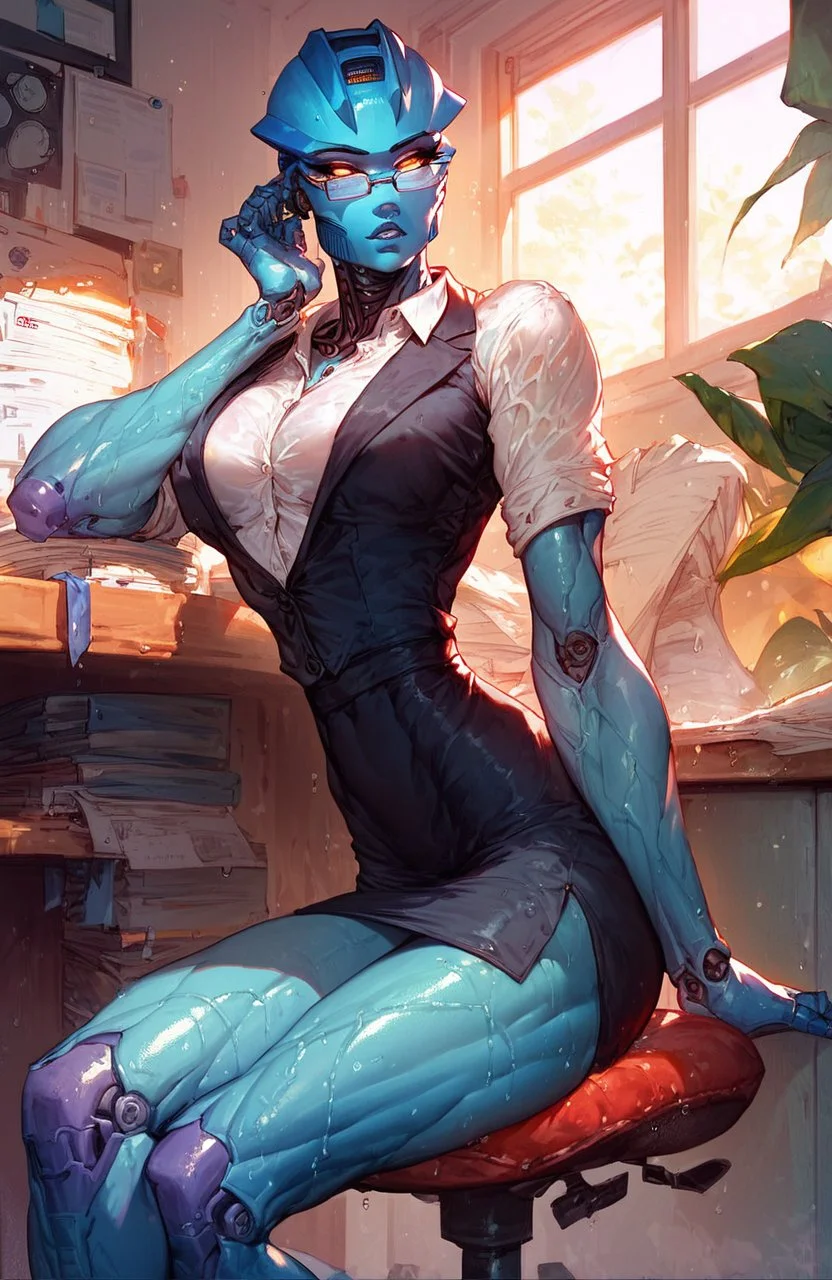 score_9, score_8_up, score_7_up
beautiful muscular gali, robot,
looking at viewer, head turn,
1girl, tight clothes, sitting, narrow waist, long and slender body, shiny body, medium breasts,
(muscular legs:1.3), veins, soaked, wet,
office suit, office background, horny, skirt, pantynose, glasses,
<lora:cutesexyronutts_style_xl:0.5>
<lora:Gali_Nuva:1> <lora:Fant5yP0ny:0.5>