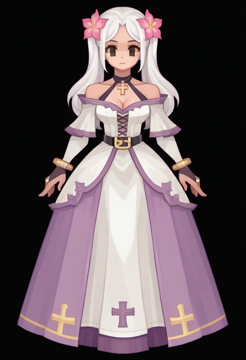 (Black background) long hair, white hair, twin tails, hair flower, pink flower, brown eyes, halter neck, long dress, white dress, off-shoulder dress, cross-laced dress, black gloves, bridal gauntlets, overskirt, purple skirt, black belt, bracelet, bare shoulders, collarbone, cleavage, afkArenaStyle, Ragnarok online character, Black filled oval eyes, ROSPRITE
