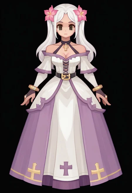 (Black background) long hair, white hair, twin tails, hair flower, pink flower, brown eyes, halter neck, long dress, white dress, off-shoulder dress, cross-laced dress, black gloves, bridal gauntlets, overskirt, purple skirt, black belt, bracelet, bare shoulders, collarbone, cleavage, afkArenaStyle, Ragnarok online character, Black filled oval eyes, ROSPRITE