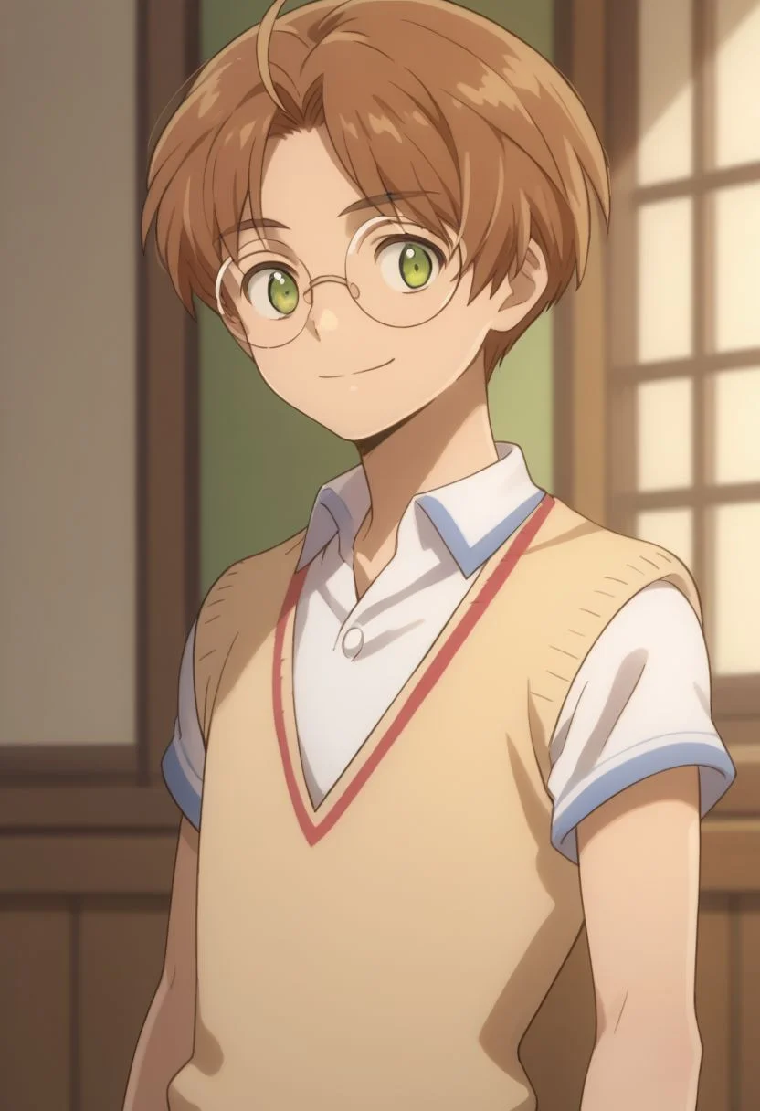 score_9, score_8_up, source_anime, highly detailed, 1boy, solo, male_focus, skinny,
1boy, 1boy, male focus, glasses, solo, brown hair, green eyes, facing viewer, upper body, short hair, white shirt, sweater vest, smile,
indoor,