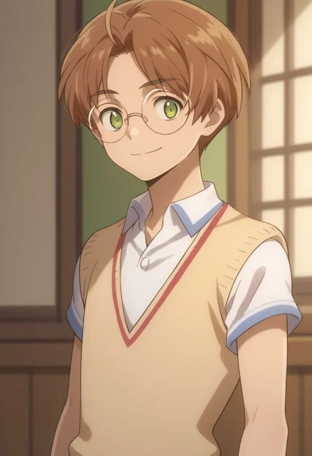 score_9, score_8_up, source_anime, highly detailed, 1boy, solo, male_focus, skinny,
1boy, 1boy, male focus, glasses, solo, brown hair, green eyes, facing viewer, upper body, short hair, white shirt, sweater vest, smile,
indoor,