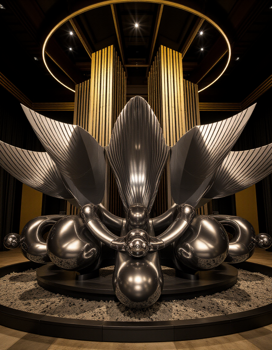 A sleek, metallic sculpture featuring symmetrical, aerodynamic forms with stepped and zigzag patterns, reminiscent of Art Deco skyscrapers. Polished chrome and gold-plated surfaces reflect ambient light, creating a shimmering, luxurious effect. Internal mechanisms rotate fan-like motifs in graceful, synchronized motion, evoking a sense of speed and elegance. The environment is glamorous and vibrant, with black and gold accents, mirroring the opulence and optimism of the Art Deco movement.
<lora:ral-kntcscptr-flux:1>