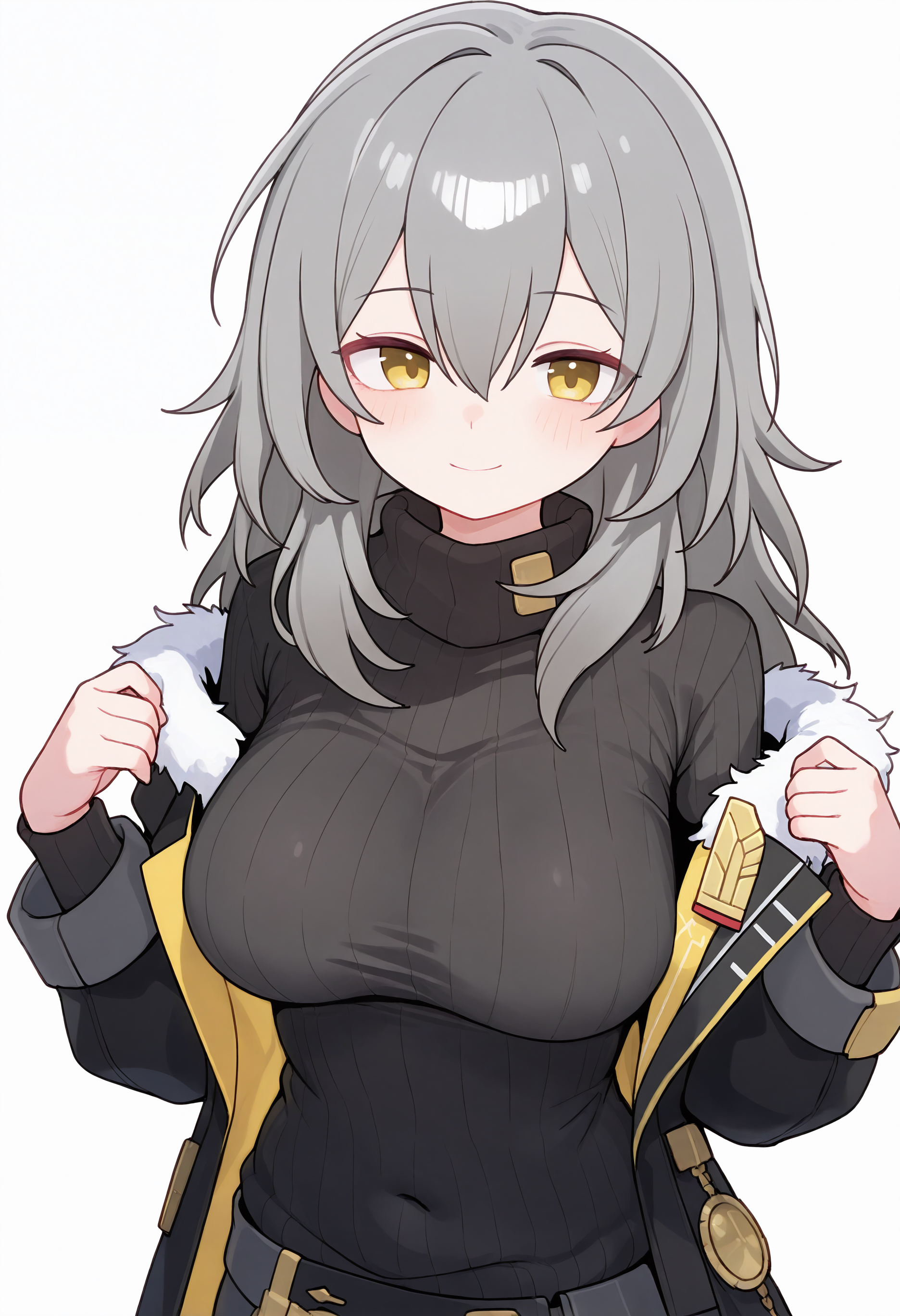 ,trailblazer \(honkai: star rail\), stelle \(honkai: star rail\), 1girl, solo, long hair, breasts, looking at viewer, blush, smile, simple background, large breasts, long sleeves, white background, dress, hair between eyes, closed mouth, jacket, upper body, yellow eyes, grey hair, open clothes, coat, sweater, fur trim, covered navel, turtleneck, open coat, ribbed sweater, turtleneck sweater, black sweater,<lora:Lk149_Style_NBV1.safetensors:0.95:0.95>,masterpiece,best quality,newest,absurdres,highres,very awa,detail background <lora:None:0.4000000000000001>
