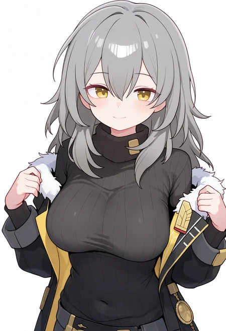 ,trailblazer \(honkai: star rail\), stelle \(honkai: star rail\), 1girl, solo, long hair, breasts, looking at viewer, blush, smile, simple background, large breasts, long sleeves, white background, dress, hair between eyes, closed mouth, jacket, upper body, yellow eyes, grey hair, open clothes, coat, sweater, fur trim, covered navel, turtleneck, open coat, ribbed sweater, turtleneck sweater, black sweater,<lora:Lk149_Style_NBV1.safetensors:0.95:0.95>,masterpiece,best quality,newest,absurdres,highres,very awa,detail background <lora:None:0.4000000000000001>