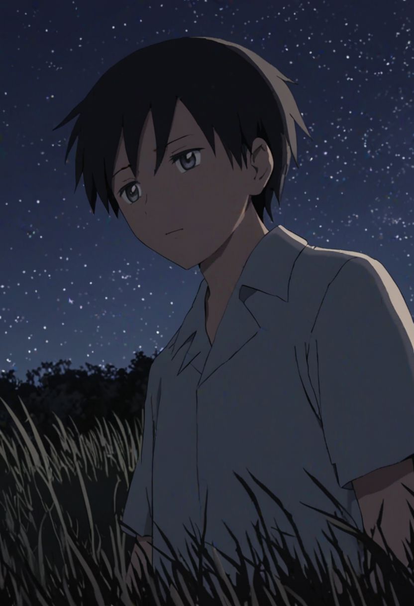 Highres, Masterpiece, High Quality, 4K, 8K, solo, 1Boy, Takaki Toono, adult, black hair, short hair, grassland, no light pollution, bush, nature, calm, peaceful, night breeze, breeze, awe, dim, easynegative, detailed_eye_model