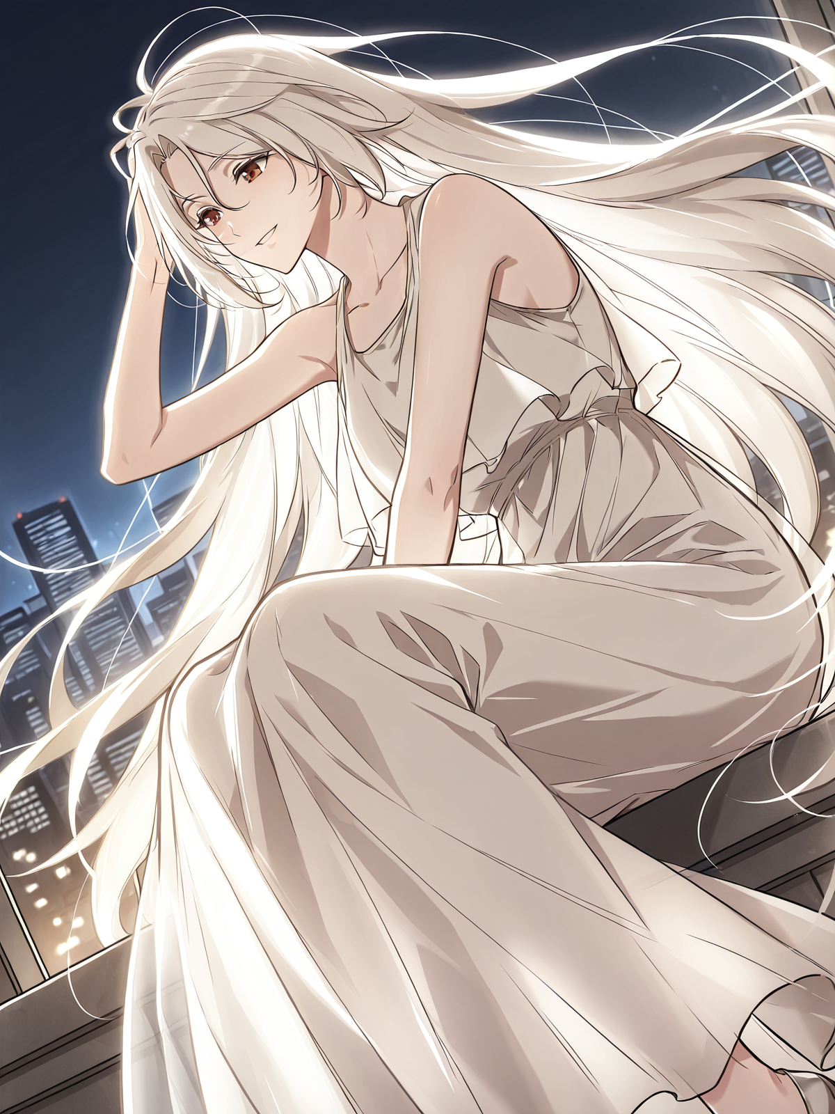 <lora:Omniscient_Readers_Viewpoint__Shin_Yoosung_adult:1>
1girl, solo, very long hair, white hair, straight hair, parted bangs, hair between eyes, red brown eyes,
white dress, flowing dress, layered dress, sleeveless dress, ankle length dress, soft fabric, ethereal look,
score_9, score_8_up, score_7_up, very aesthetic, source_anime, detailed, high quality, beautiful, masterpiece, detailed eyes, night, illuminated city background, blurry background, cityscape, pose dynamic angle, light smile, open mouth, hand on hair, sitting