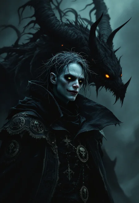 A captivating dark fantasy illustration featuring a soul-bound warlock with an androgynous appearance, drawing inspiration from the distinct styles of Anato Finnstark and Greg Rutkowski. The gaunt figure has hollow eyes, pale skin, matted hair, and a sinister smile, exuding an aura of inner turmoil. Clad in an ornate, dark robe adorned with occult symbols, the warlock demonstrates a deep connection to dark magic. A demonic entity looms behind them, possessing sharp, menacing features and glowing eyes. The tense, foreboding atmosphere captures the essence of a dark pact and cinematically conveys the turmoil within the warlock's soul., conceptual art, cinematic, dark fantasy