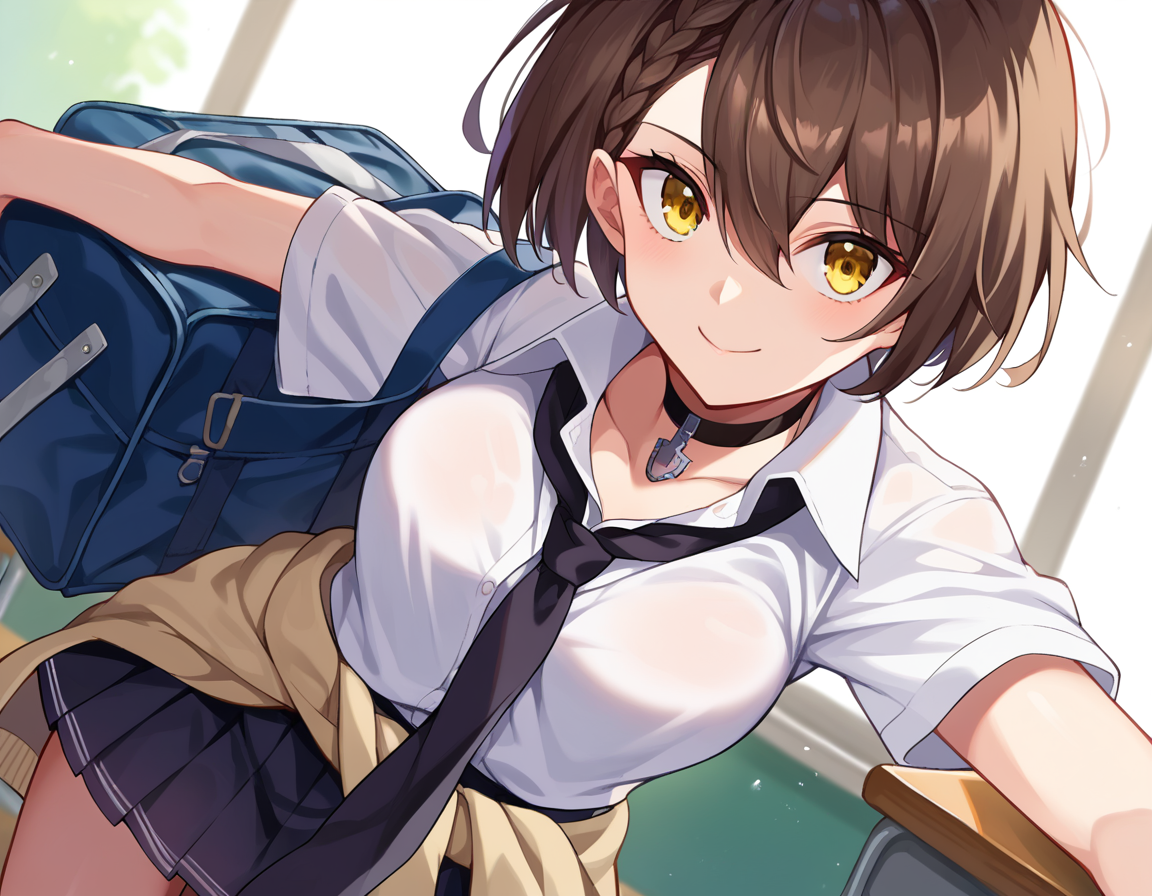 score_9, score_8_up, score_7_up, source_anime,
azurlanebaltimore, <lora:azur-lane-baltimore-ponyxl-lora-nochekaiser:1>,
baltimore, brown hair, yellow eyes, braid, ahoge, short hair, french braid, hair between eyes, bob cut,
beige cardigan, beige sweater, black choker, black necktie, black skirt, cardigan, cardigan around waist, choker, clothes around waist, collared shirt, loose necktie, necktie, official alternate costume, school bag, shirt, shirt tucked in, short sleeves, skirt, sweater, sweater around waist, tied sweater, white shirt,
indoors, classroom, bent over, smile,
looking at viewer, cowboy shot, dutch angle,