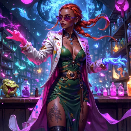 "Create a realistic picture full of colors, like a twisted rainbow image of an elegant and observant mad scientist with dark black skin and long orange braids, cleavage, tattooed muscular thigh. She wears tinted glasses, a colorfully stained white lab coat, and a fitted green dress that hints at her personal style beneath the professional exterior. She studies various fantasy and mythical creatures, the creatures and specimens are kept in glass jars and wooden cages, laboratory setting, cyberpunk, mythp0rt, MothFX