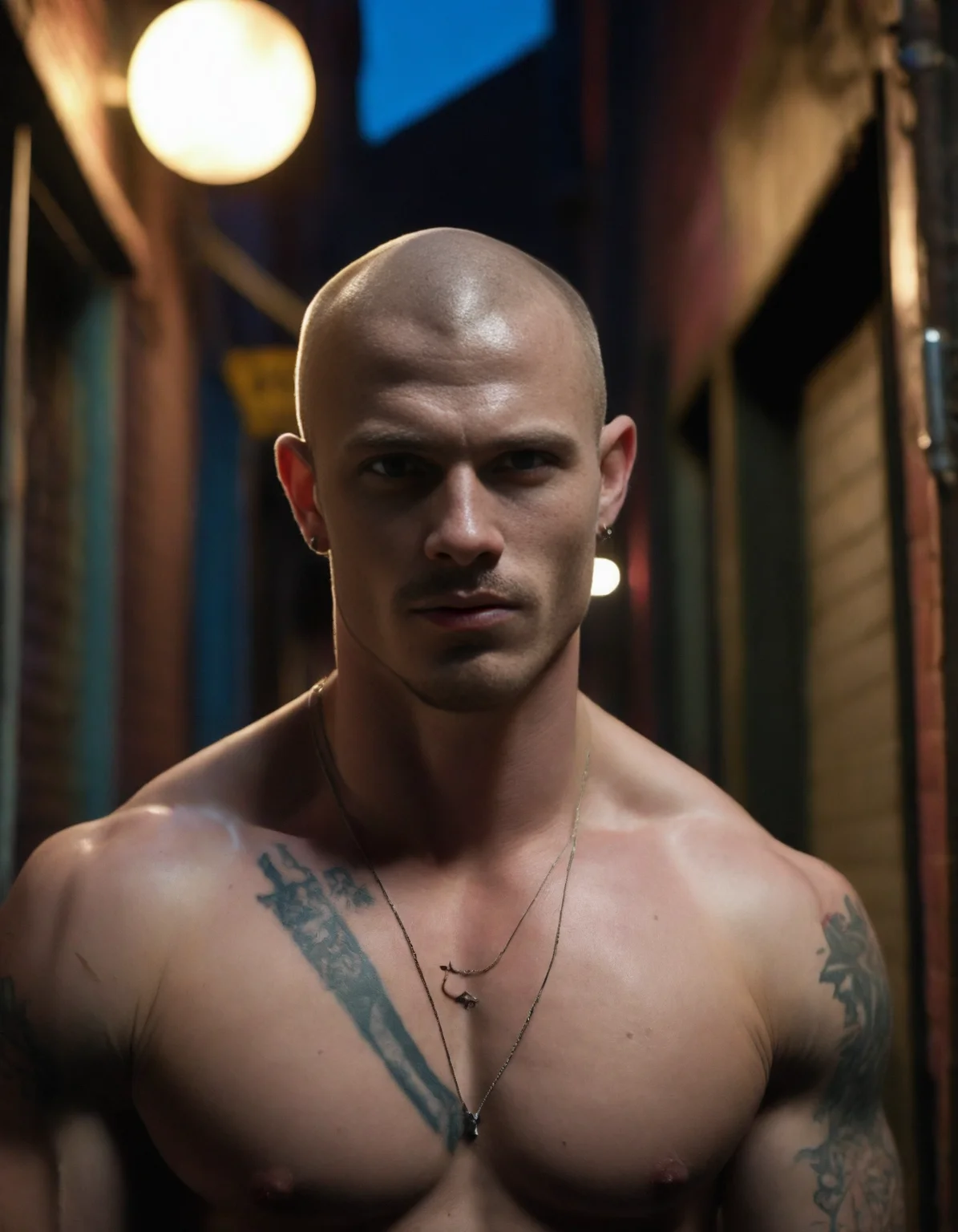 A cinematic film still, cowboy shot photo of a handsome muscular gay porn star, age 25, shaved head, blonde stubble, blue eyes, pale skin, tattoos, shirtless, jeans, horny, intense predatory expression, sweating, licking his lips, dark alleyway behind gay bar late at night, cinematic lighting,