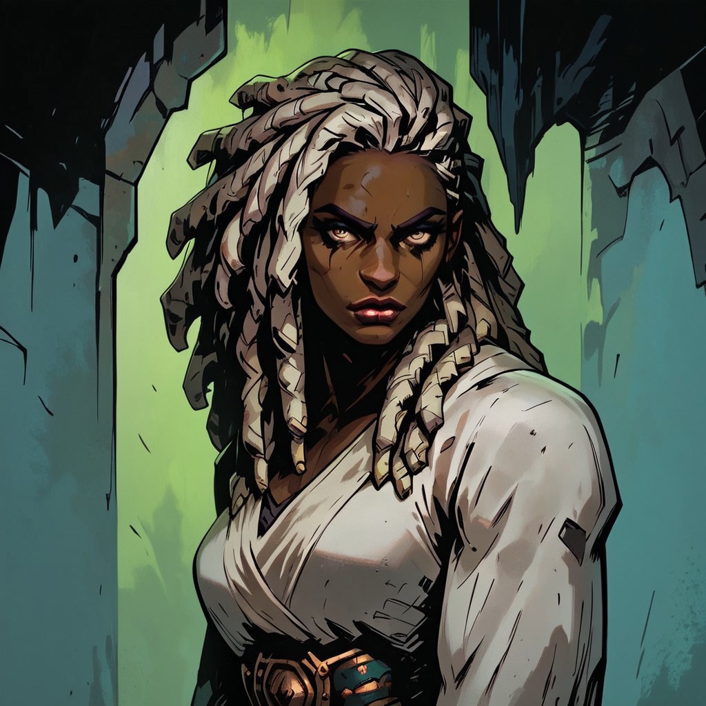 score_9, score_8_up, score_7_up, masterpiece, best quality, newest, absurdres, highres, 1girl, dark skin, dark-skinned female, dredlocks, white dreadlocks, african, african female, muscular female, toned,
