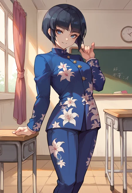 score_9, score_8_up, score_7_up, source_anime BREAK solo, 1girl, smile, <lora:SmtV-Protag-pdxl_Fp-000008:1>, smtvprotag, bob cut, blunt bangs, black hair, blue eyes, school uniform, blue pants, floral print, long sleeves, looking at viewer, single sidelock, classroom,