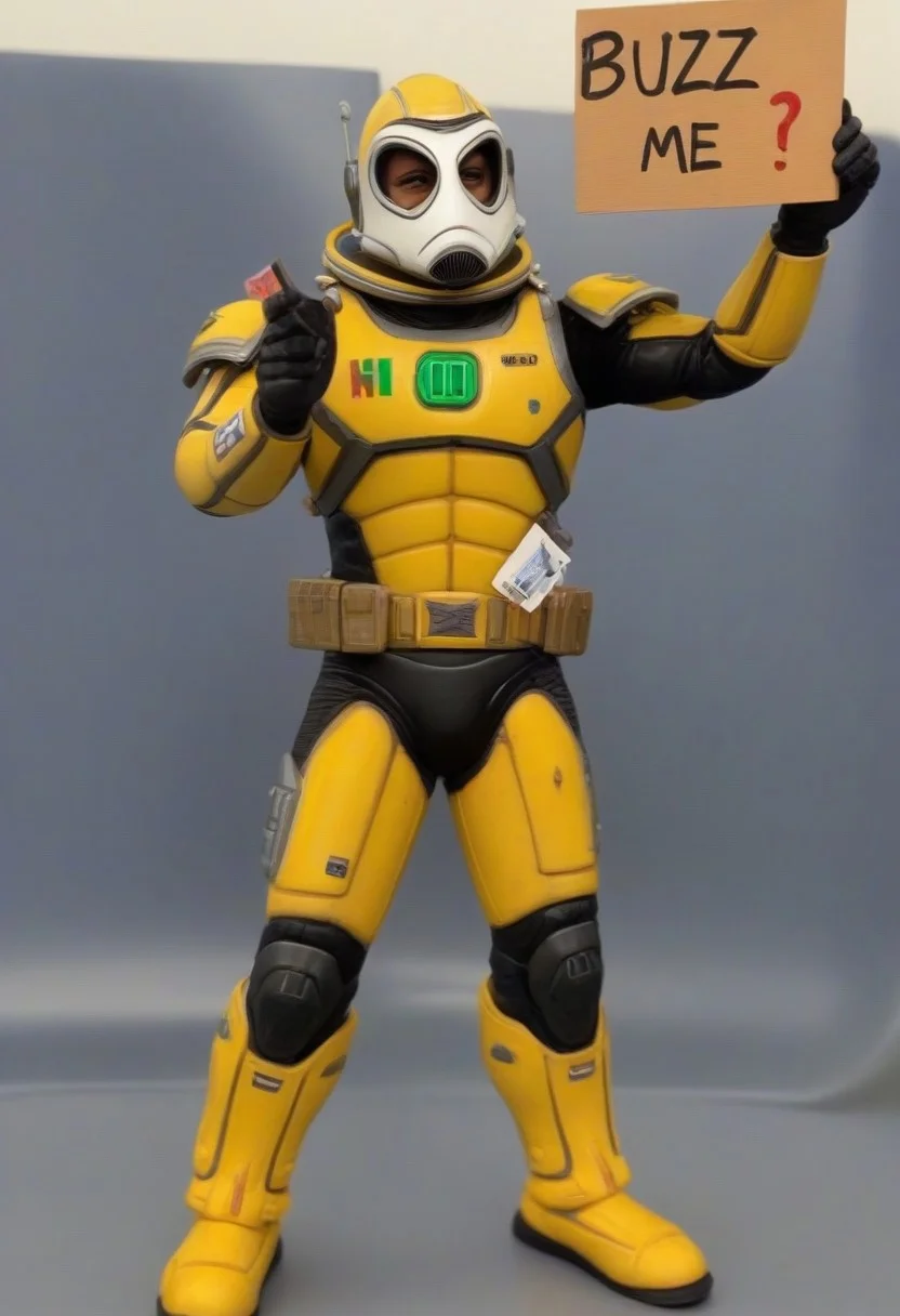amazing quality, masterpiece, best quality, hyper detailed, ultra detailed, UHD, dof, hyper-realism, awesome, inspiring, A masked figure holding a sign that reads "Buzz me?"