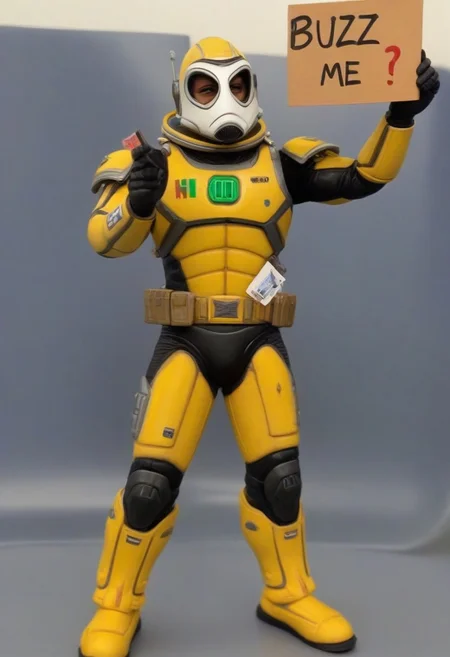 amazing quality, masterpiece, best quality, hyper detailed, ultra detailed, UHD, dof, hyper-realism, awesome, inspiring, A masked figure holding a sign that reads "Buzz me?"