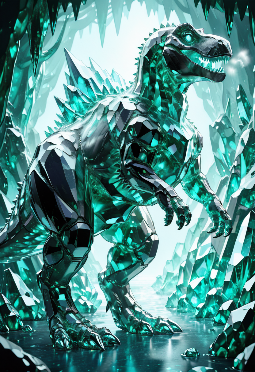 masterpiece, best quality, no humans,   ,<lora:CrystalKingDino_IXL:1.0>,  zzCrystalKing, translucent blue crystal, frost-covered spikes, frozen breath, piercing gaze, ice cavern, glacial landscape, walking pose, side view, soft cold lighting, still and regal atmosphere â Inside a towering ice cavern, the zzCrystalKing moves with silent majesty. Its body, forged from frozen blue crystal, refracts the pale light through jagged facets. Each step leaves a trail of brittle frost, its breath forming clouds of diamond dust. Snowdrifts line its back like armor, and frost blooms across the cave walls in its wake. With every motion, the creature embodies ancient patienceâlike a god of winter emerging from hibernation.