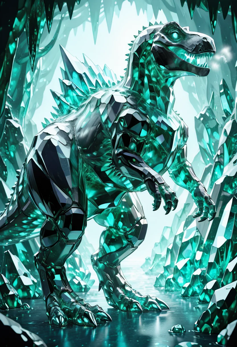masterpiece, best quality, no humans, ,<lora:CrystalKingDino_IXL:1.0>, zzCrystalKing, translucent blue crystal, frost-covered spikes, frozen breath, piercing gaze, ice cavern, glacial landscape, walking pose, side view, soft cold lighting, still and regal atmosphere â Inside a towering ice cavern, the zzCrystalKing moves with silent majesty. Its body, forged from frozen blue crystal, refracts the pale light through jagged facets. Each step leaves a trail of brittle frost, its breath forming clouds of diamond dust. Snowdrifts line its back like armor, and frost blooms across the cave walls in its wake. With every motion, the creature embodies ancient patienceâlike a god of winter emerging from hibernation.
