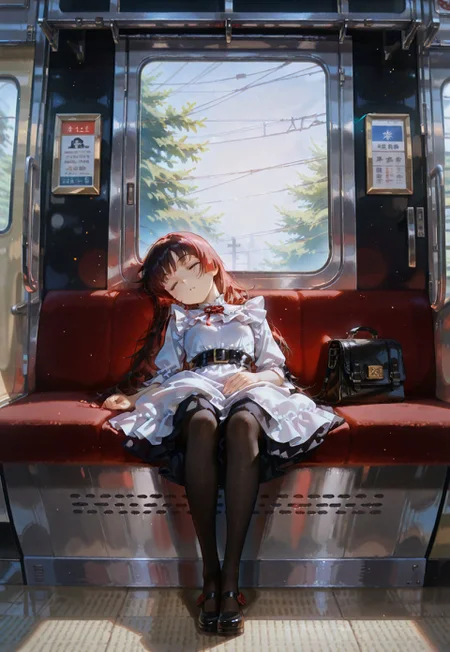 masterpiece,best quality,amazing quality,very aesthetic,absurdres,ultra detailed face,solo,(by morikura en:0.8), (by rappa (rappaya):0.5), gokou ruri, suzukasuraimu, long hair, 3d, subtle details, lens flare, highly detailed skin,light particles, serene atmosphere, huge filesize, accurate anatomy,
dawn, inside japanese train, Japanese train interior, sitting, sleeping, Japanese train window, japanese train door, light breaking on the glass, light ray, dim, dark, frills, dress, dark red mary janes with a thick heel held on her feet by one black buckle, stockings, slumped black bag,
detailed background, cute, depth of field,