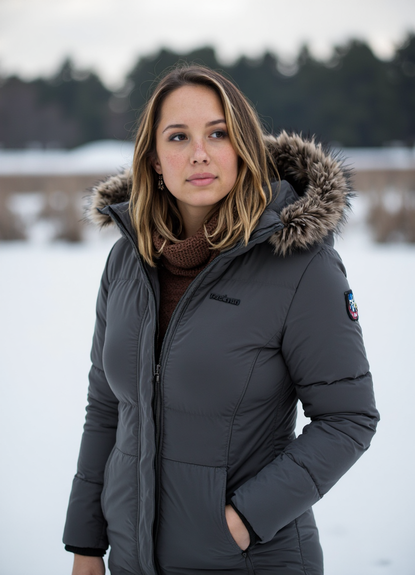 SFW, brightly lit, The image is a portrait of a woman standing in a snowy landscape. She is wearing a gray puffer jacket with a fur hood and a brown scarf around her neck. Her e hair is styled in loose waves and she is looking off to the side with a serious expression on her face. The background is blurred, but it appears to be a snowy field with trees in the distance. The overall mood of the image is cold and wintery., aidmaimageupgrader<lora:flux\custom\celebrity\cheryl-burke.safetensors:1.05:1.05> <lora:turbo-8-step-flux.safetensors:0.5:0.5> <lora:flux\style\Common\aidmaImageUprader-FLUX-v0.3.safetensors:0.25:0.25>