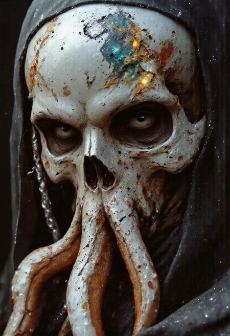 An extreme close-up Closeup of the nun’s face, framed by the intense, gritty realism of an old analog camera. The mechanical Skull octopus hknuns nun wears a detailed, ancient silver mask, its surface weathered and battle-scarred, yet intricately adorned with delicate engravings. The mask reflects the faint glow of divine energy, with radiant golden and white light flickering across its surface, A powerful nun iconic one from Final Fantasy. The scene is set during an eerie sundawn, where swirling dust and wind cause her translucent nun's habit to billow dramatically. a gritty, ominous vibe. The sun's orange and gray hues blend into the sky as her tattered habit flutters. The atmosphere is cinematic, with hyper-realistic detail, soft shadows, and an intense, otherworldly mood in a desolate desert landscape. Moody Closeup Portrait, feudal Silk Road style, amazing quality, masterpiece, best quality, hyper detailed, ultra detailed, UHD, dof, hyper-realism, majestic, awesome, inspiring. Her torn nun's habit glowing dress flap in the breeze, exuding a laid-back yet dangerous vibe. The photo features faded colors, with a limited palette of gray, beige, and washed-out orange, capturing her cool, striking appearance.. cinematic composition, soft shadows, national geographic style, mythp0rt